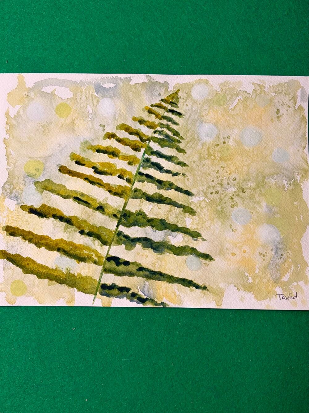 Hand painted watercolor original painting fern leaf on green bokeh background